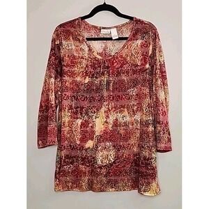 Kim Rogers Womans 2X Red Toned Abstract Paisley 3/4 Sleeve Top Boho Fairygoth